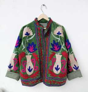 <b>Women's</b> Green Velvet <b>Embroidered</b> Floral <b>Jacket</b> Boho Zip Up Coat with Stand Collar <b>Women</b> Stand Collar <b>Jacket</b> Green Velvet Coat - Product Image 5