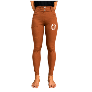 Leggings d'équitation taille haute pour femme, couleur orange rouille, extensibles, avec poche avant, texture équestre - Product Image 1