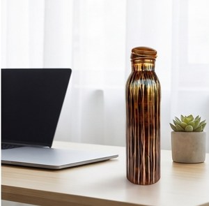 Handmade Retro Copper Water Bottle with Screw-On Lid Brown Gold Striped Pattern <b>Metal</b> Drinkware - Product Image 6