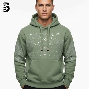 Sudadera con Capucha Verde para Hombre, Diseño Sólido con Pedrería, Sudadera Informal de Forro Polar, Corte Holgado, Ropa de Invierno, 100% Algodón, Servicio OEM - Product Image 1