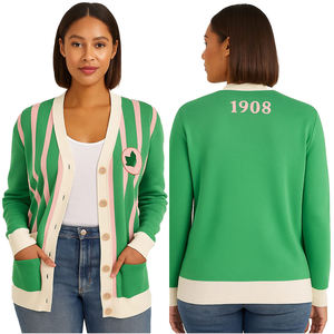 Cardigan vintage vert et rose uni pour femme avec imprimé au dos, col en V, fermeture boutonnée, manches longues, hiver - Product Image 1