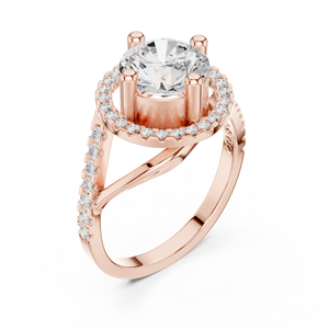 Anillo de compromiso de plata de ley chapado en oro rosa con moissanita redonda y halo de diamantes, con pavé de piedras y diseño bypass - Product Image 4