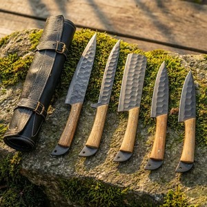 Ensemble de couteaux de chef en acier carbone faits à la main, 5 pièces, avec manches en bois et résine, design ambidextre - Cadeau de cuisine professionnel - Product Image 5