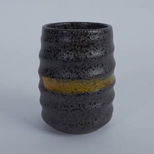 Agung Keramik Textured Black Ribbed Striped Ceramic Tea <b>Mug</b> Amber Band Accent Dishwasher Microwave Safe Japanese Restaurant Gift - Product Image 3