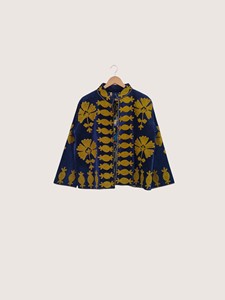 Poncho en velours brodé floral bohème, col mandarin, manches chauve-souris, grande taille, vêtements d'extérieur pour femmes, tenue d'automne - Product Image 1