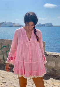 Women Simple Pink Embroidered 100% Organic Cotton Beach Cover Dress Deep V Neck Tassel Mini Kaftan Boho Summer Resort Wear - Product Image 5