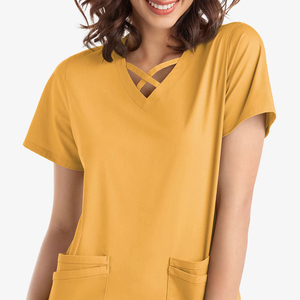 เสื้อสครับสีเหลืองมัสตาร์ด แขนสั้น ผ้าทอ ย้อมสีพื้น แบบลำลอง ยูนิเซ็กซ์ ผ้ายืดสแปนเด็กซ์/โพลีเอสเตอร์ - Product Image 4