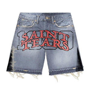 Shorts en jean déchirés pour hommes, style streetwear, avec appliques brodées personnalisées, ourlet brut, effet usé et délavé à l'acide - Product Image 5