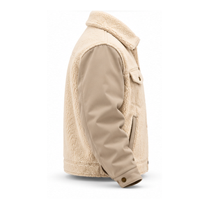 Men's Beige <b>Fleece</b> Jacket With <b>Sherpa</b> Lining Turn Down Collar Button Closure Contrast Leather Sleeves Windproof OEM Wholesale - Product Image 5