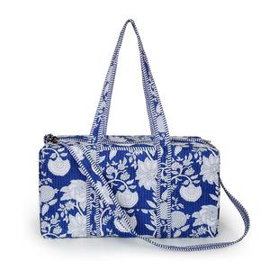 Blue Indigo Floral Cotton Hand Block Printed Artisanal Duffel <b>Bag</b> <b>Large</b> Capacity Weekender Travel Duffle <b>Bag</b> <b>Zip</b> Closure - Product Image 2