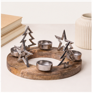 Handmade Natural Mango Wood Advent Candle Holder With Silver Metal Stars And Trees Round Rustic Tealight <b>Stand</b> For Christmas - Product Image 4