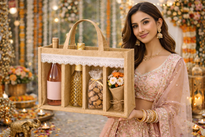 Bolsa de Regalo para Vino de Yute Natural Ecológica para Cuatro Botellas con Ventana Transparente y Ribete de Encaje, Bolso de Mano con 4 Compartimentos - Product Image 3