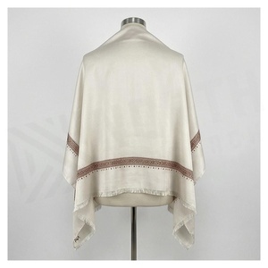 Women's <b>Cream</b> Silk <b>Shawl</b> Embroidered Ethnic Pattern Long Elegant Multi-Functional All Seasons Wear - Product Image 2