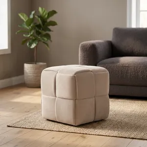 Modern Beige Corduroy Cube <b>Pouf</b> Ottoman Soft Cushioned Footrest Floor Stool for Living Room Bedroom Home Decor Furniture - Product Image 1