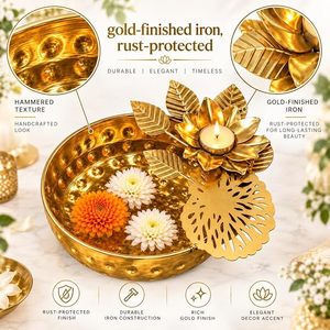 ชามโลหะสีทองลายตอกพร้อมที่วางเทียนรูปดอกบัวสำหรับตกแต่งงานแต่งงานด้วยดอกไม้ลอยน้ำ - Product Image 6
