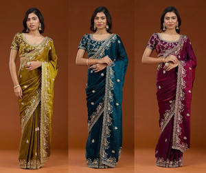 Sari de Tela Chifón Pesada Ecológica para las Cuatro Estaciones con Bordado de Hilos Zari y Patrón de Corte Decorativo - Product Image 6