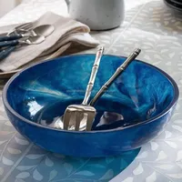 Bol à salade artisanal en résine bleu marine, effet marbre, motif tourbillon aquatique, finition polie brillante, style luxueux, forme élégante, pour la maison et l'hôtel