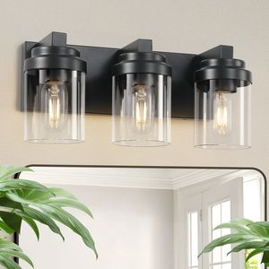 Lampada da Bagno a 3 Luci Nero Opaco con Paralume in Vetro Trasparente, Illuminazione Moderna per Specchio e Mobile da Bagno - Product Image 1