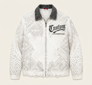 Custom <b>Men</b> <b>White</b> Denim <b>Jacket</b> Vintage Washed Streetwear <b>Jacket</b> With Rhinestone Graphic Zip Up Outerwear Distressed Fashion - Product Image 1