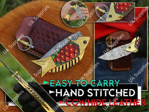 Cuchillo de bolsillo plegable multiusos de acero de Damasco grabado con mango de latón y madera, estilo pez, con funda, para exteriores, EDC, cuchillos utilitarios OEM - Product Image 3