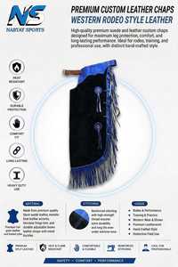 Ceinture équestre personnalisée en daim noir et bleu roi métallisé, avec franges bicolores, conchos argentés et rosettes, boucles réglables - Product Image 2