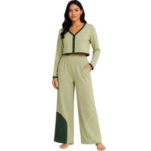Ensemble pyjama court à manches longues pour femme, vert sauge et vert foncé, pantalon large, vêtements de détente en coton doux, fabrication OEM personnalisée - Product Image 1