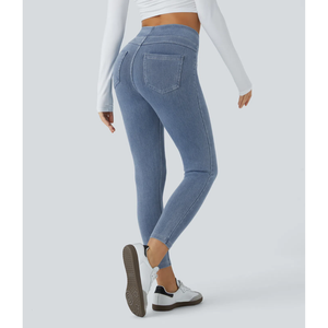 Legging en jean vintage pour femme, coupe skinny, super extensible, taille haute élastique, poches arrière, effet faux devant, style décontracté et simple - Product Image 2