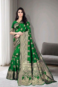 AARA Fashion Traditional Indian <b>Green</b> <b>Silk</b> Saree Golden Floral Embroidery Border for Women Wedding Party Wear Quick Dry All - Product Image 3