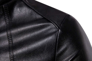 Men's Black PU Leather <b>Jacket</b> Stand Collar Zipper Closure Moto Biker Style <b>Slim</b> <b>Fit</b> Autumn Solid Color Regular Sleeve - Product Image 6
