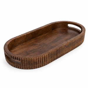Plateau de service artisanal en bois |   Assiettes modernes à rebords surélevés, bords côtelés, poignées découpées, multifonctionnelles pour mariage, dîner, café - Product Image 1