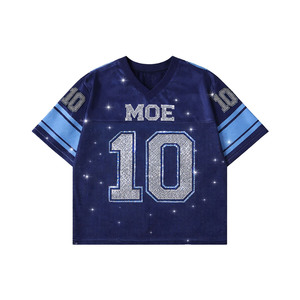 Y2K Fashion Sparkly <b>Hip</b> Hop Streetwear Rhinestone Oversized Mesh V Neck American Football Jersey Women Unisex Loose Fit T-Shirt - Product Image 3