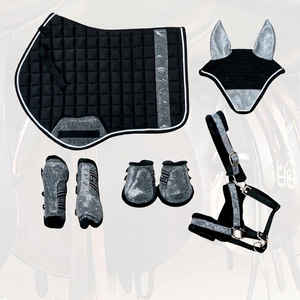 Elegant Fine Quilted Black Sued Fabric Silver Glitter Dressage Jumping Saddle Pad 6-Piece Set 18mm <b>Foam</b> Filled High Quality - Product Image 1