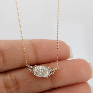 Minimalist 10K Gold <b>Pendant</b> Necklace With Cubic Zirconia <b>Emerald</b> Cut Stones Bezel Setting Box Chain Unisex Everyday Jewelry - Product Image 2