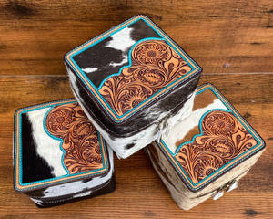 Wholesale Custom Handmade Cowhide <b>Leather</b> Big Size Jewelry Storage Boxes Organizer Case Square <b>Tooled</b> <b>Leather</b> Travel Jewelry Box - Product Image 3