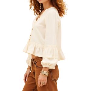 Chemisier décontracté pour femme à volants, boutonné sur le devant, manches longues, col en V, en mousseline 100 % coton respirant - Product Image 5