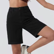 Shorts en jean taille haute coupe droite ample pour femme – Extensible, noir, décontracté et polyvalent pour l'été - Product Image 4