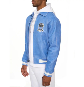 Veste bomber en daim bleu pour homme Huzu Enterprises, col rond, fermeture éclair sur le devant, style preppy, coupe classique, imperméable et coupe-vent - Product Image 5