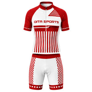 Ensemble de maillot et short de cyclisme rouge et blanc, écologique, 100% polyester, manches courtes, fermeture éclair intégrale, séchage rapide, rembourré, uniforme de course à vélo - Product Image 1