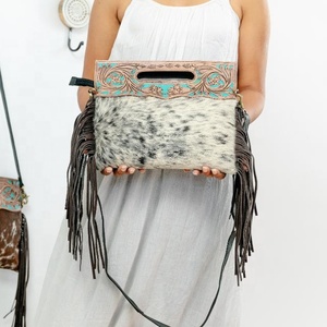 Newest Handmade Hair On Tooled Leather <b>Fringe</b> Purse Women Genuine Cowhide Leather Turquoise Cowgirl <b>Top</b> Handle Crossbody Bags - Product Image 6