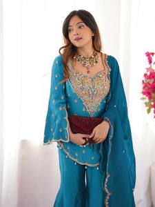 Conjunto de Kurta y Palazzo de Seda Bordada para Mujer con Dupatta |   Traje Étnico Premium para Fiestas - Product Image 3