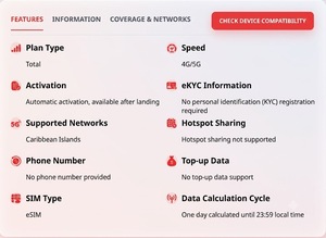 Forfait de données de voyage NionAir pour les îles des Caraïbes ESIM 4G/5G jusqu'à 3 Go 5 Go 10 Go / 30 jours Activation par code QR Livraison instantanée par e-mail - Product Image 2