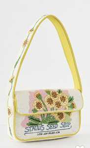 Sac à bandoulière en toile jaune et blanc avec motif floral et perles de verre, sacoche à rabat pour femme, style jardin botanique - Product Image 1