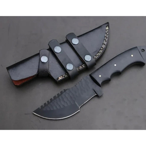 Couteau Tracker en acier D2 avec revêtement noir, manche en Micarta et étui en cuir - Product Image 1