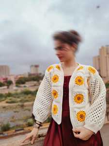 Women's <b>White</b> Crocheted <b>Cardigan</b> With Yellow Sunflower Appliques Puff Sleeve Bohemian Spring Open Front <b>Knit</b> Sweater - Product Image 2
