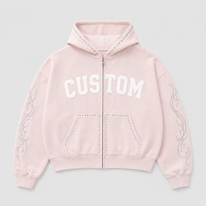 Sweat à capuche zippé personnalisé pour homme, rose, en coton French Terry, coupe oversize, avec broderie vieillie, strass et délavage vintage - Product Image 4