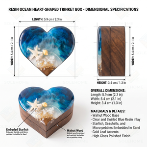 Caja de Joyería de Bambú con Resina Epoxi Pulida en Forma de Corazón, Caja para Anillo de Compromiso con Ola Oceánica 3D, Estilo Marino, para Regalo - Product Image 5