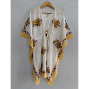 ชุดเดรสผ้าฝ้ายทำมือพิมพ์ลายบล็อกสไตล์โบฮีเมียนสำหรับใส่ไปชายหาด เสื้อคลุมหลวมๆ สวมใส่สบายในช่วงฤดูร้อน เหมาะสำหรับวันหยุดพักผ่อน คอวี แขนทรงปีกค้างคาว ทรงปล่อยชายกระโปรง - Product Image 1