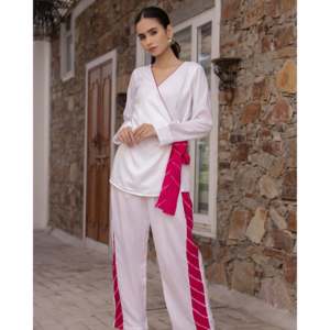 Women's Wels XS Size White Leheriya Stripe Woven <b>Cord</b> 2-Piece Long Sleeve Lounge Wear Soft - Product Image 5