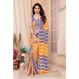 CRÉATEUR GEORGETTE IMPRIMÉ PRÊT À PORTER SAREE AVEC CHEMISIER NON COUDU BLEU - Product Image 1