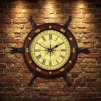 Jam Dinding Kayu Bentuk Roda Kapal Laut dengan Desain Kompas, Jam Dekoratif Bulat untuk Dekorasi Rumah, Ruang Tamu, Kamar Tidur